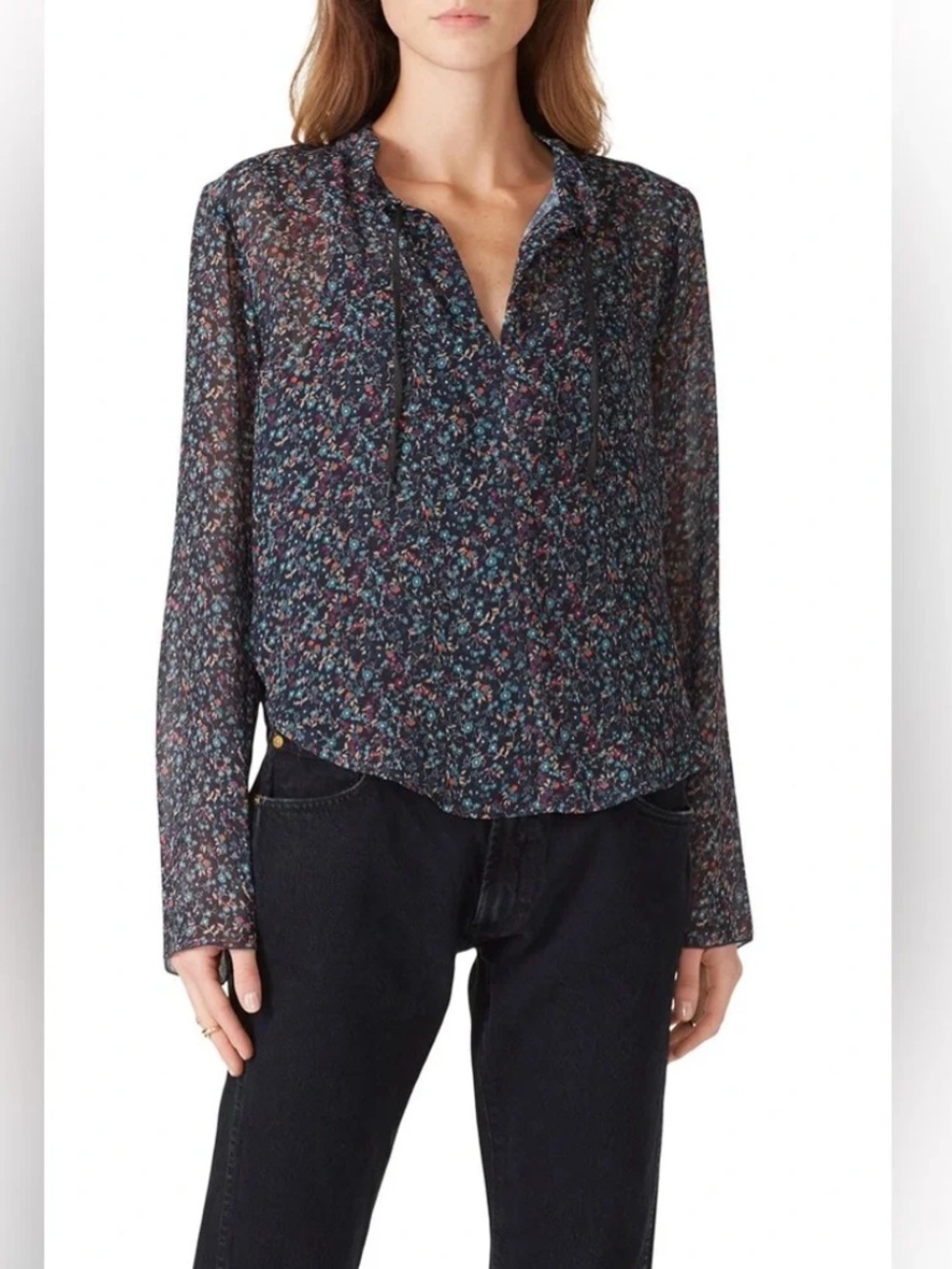 See By Chloé Navy Multicolor Floral Pintuck Blouse